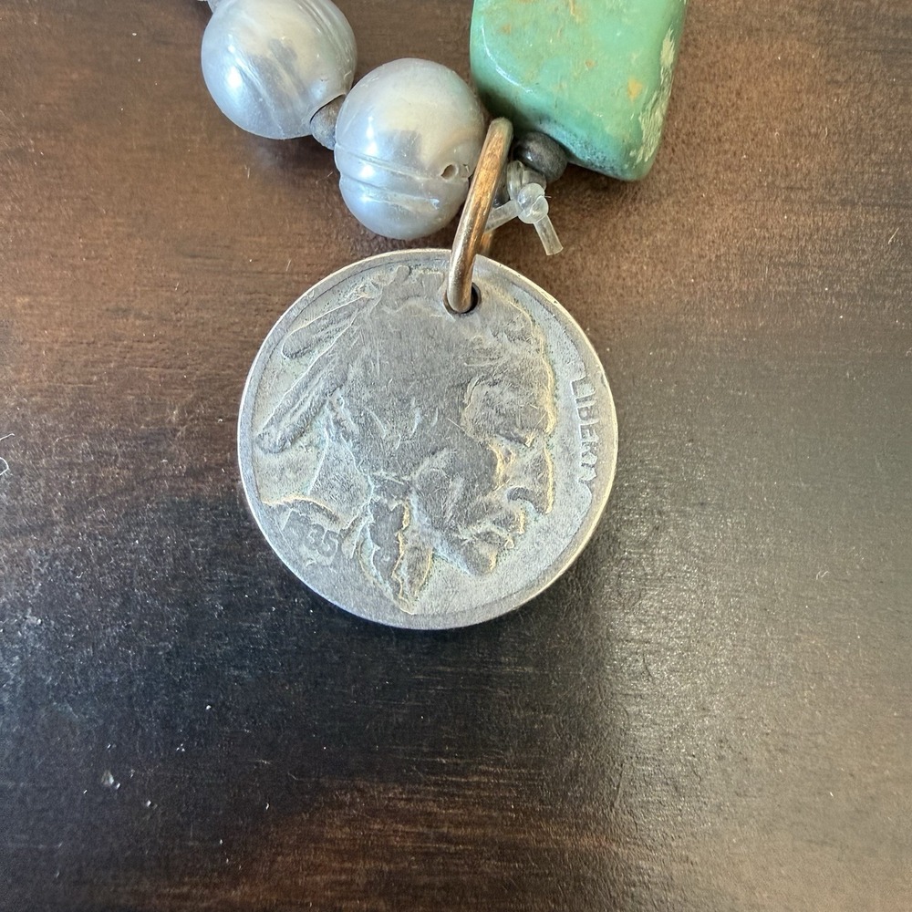 Boho Baroque Pearl Stretch Bracelet Turquoise Chunk Buffalo Nickel Coin Charm - Picture 3 of 5
